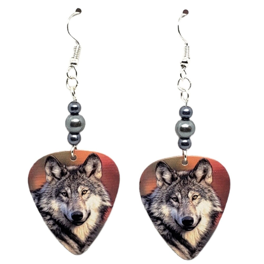 Wolves Wolf Face on Orange Guitar Pick Beaded Earrings - Handmade in USA